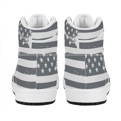 Grey Grunge American Flag Print High Top Leather Sneakers
