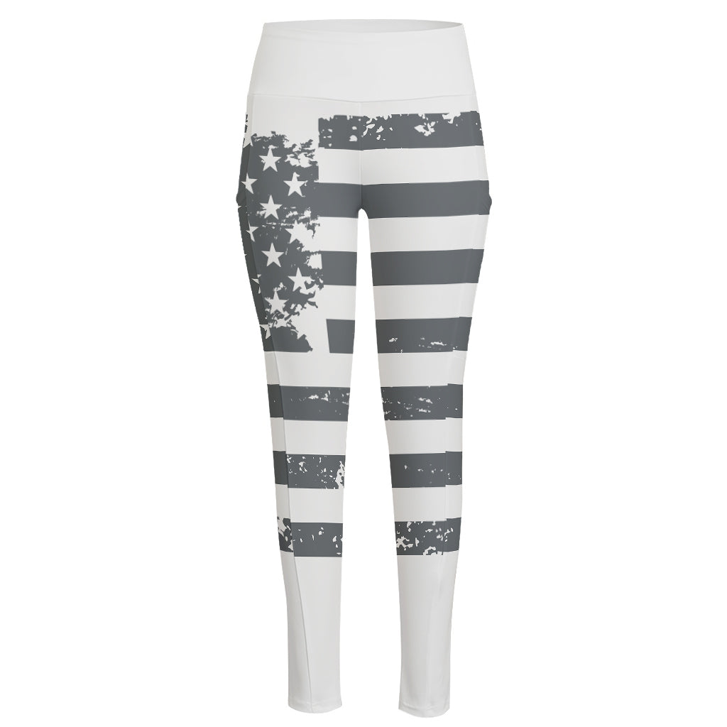 Grey Grunge American Flag Print High-Waisted Pocket Leggings