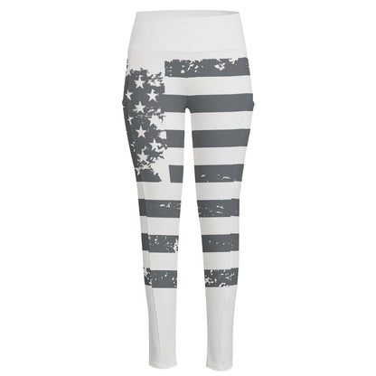 Grey Grunge American Flag Print High-Waisted Pocket Leggings