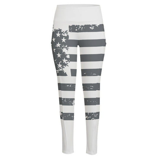 Grey Grunge American Flag Print High-Waisted Pocket Leggings