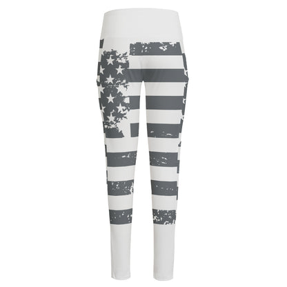 Grey Grunge American Flag Print High-Waisted Pocket Leggings