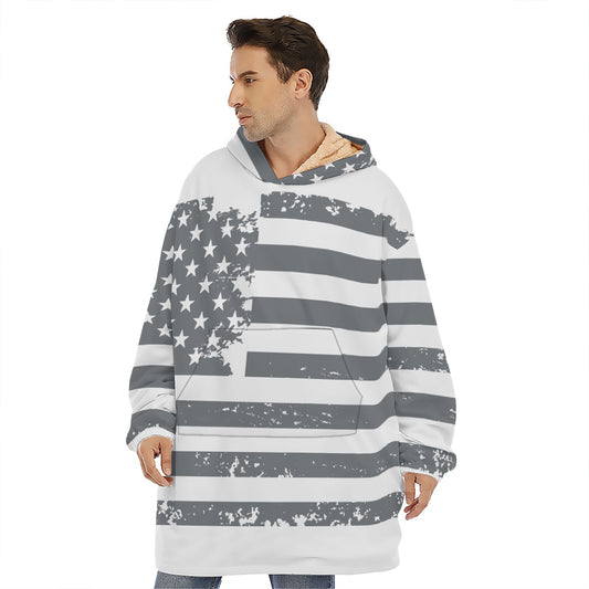 Grey Grunge American Flag Print Hoodie Blanket