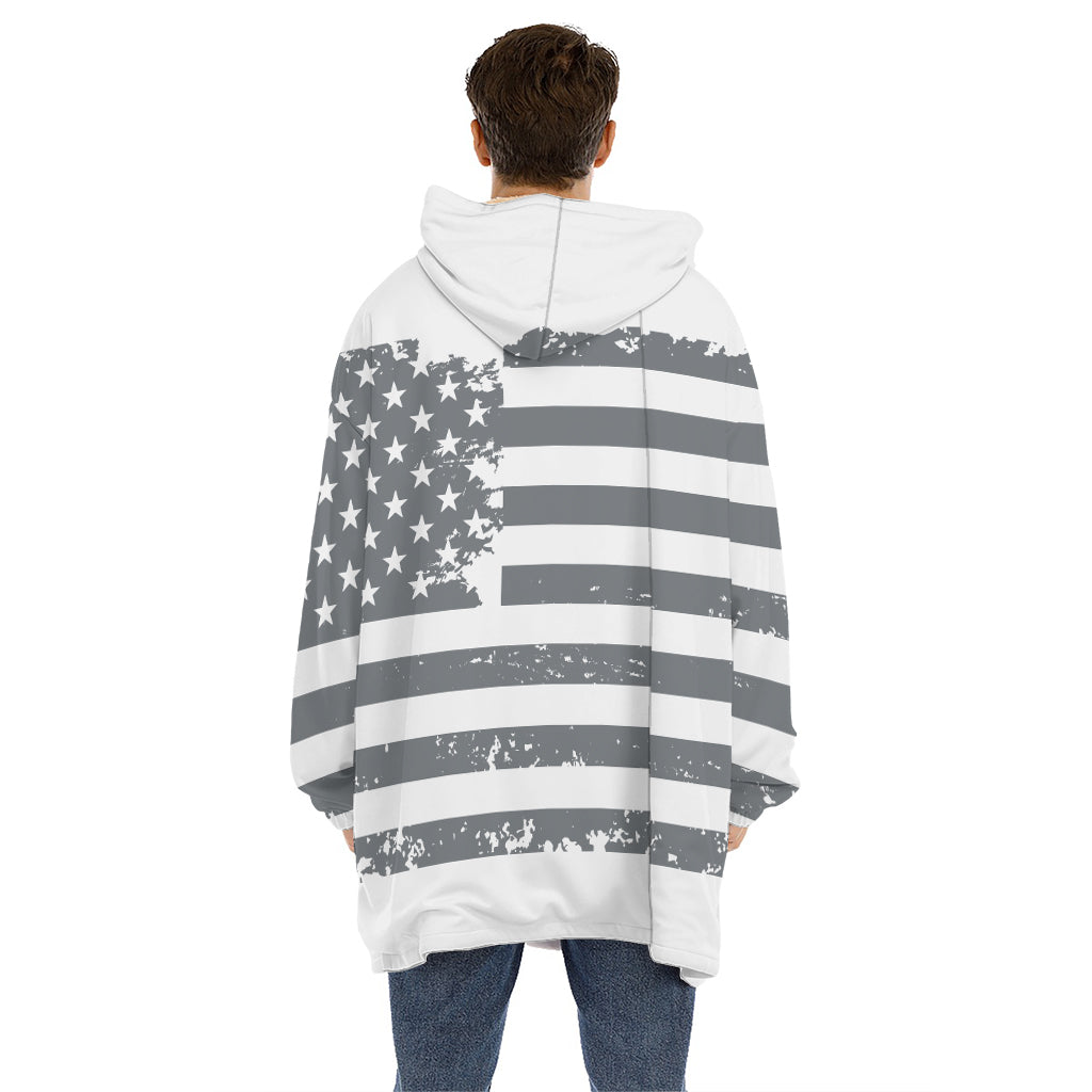 Grey Grunge American Flag Print Hoodie Blanket