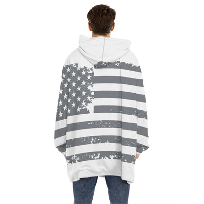 Grey Grunge American Flag Print Hoodie Blanket