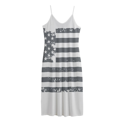 Grey Grunge American Flag Print Jersey Midi Cami Dress