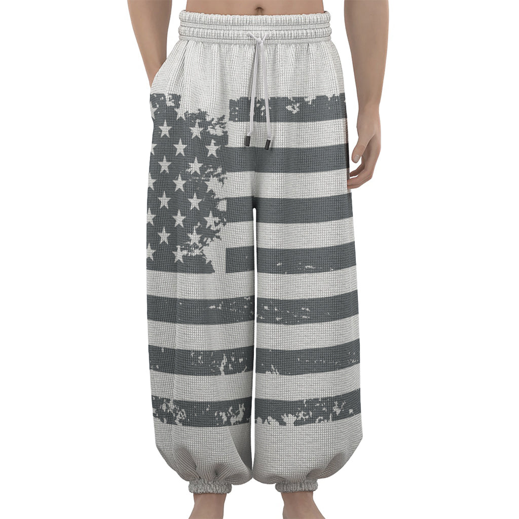 Grey Grunge American Flag Print Lantern Pants
