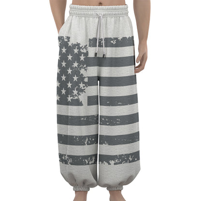 Grey Grunge American Flag Print Lantern Pants