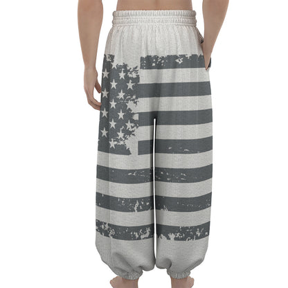 Grey Grunge American Flag Print Lantern Pants