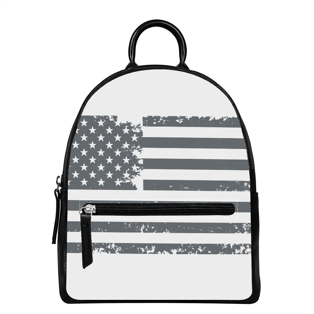 Grey Grunge American Flag Print Leather Backpack