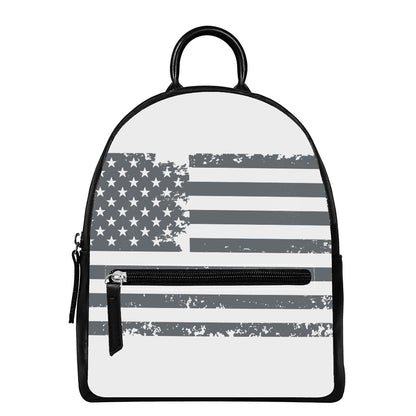 Grey Grunge American Flag Print Leather Backpack