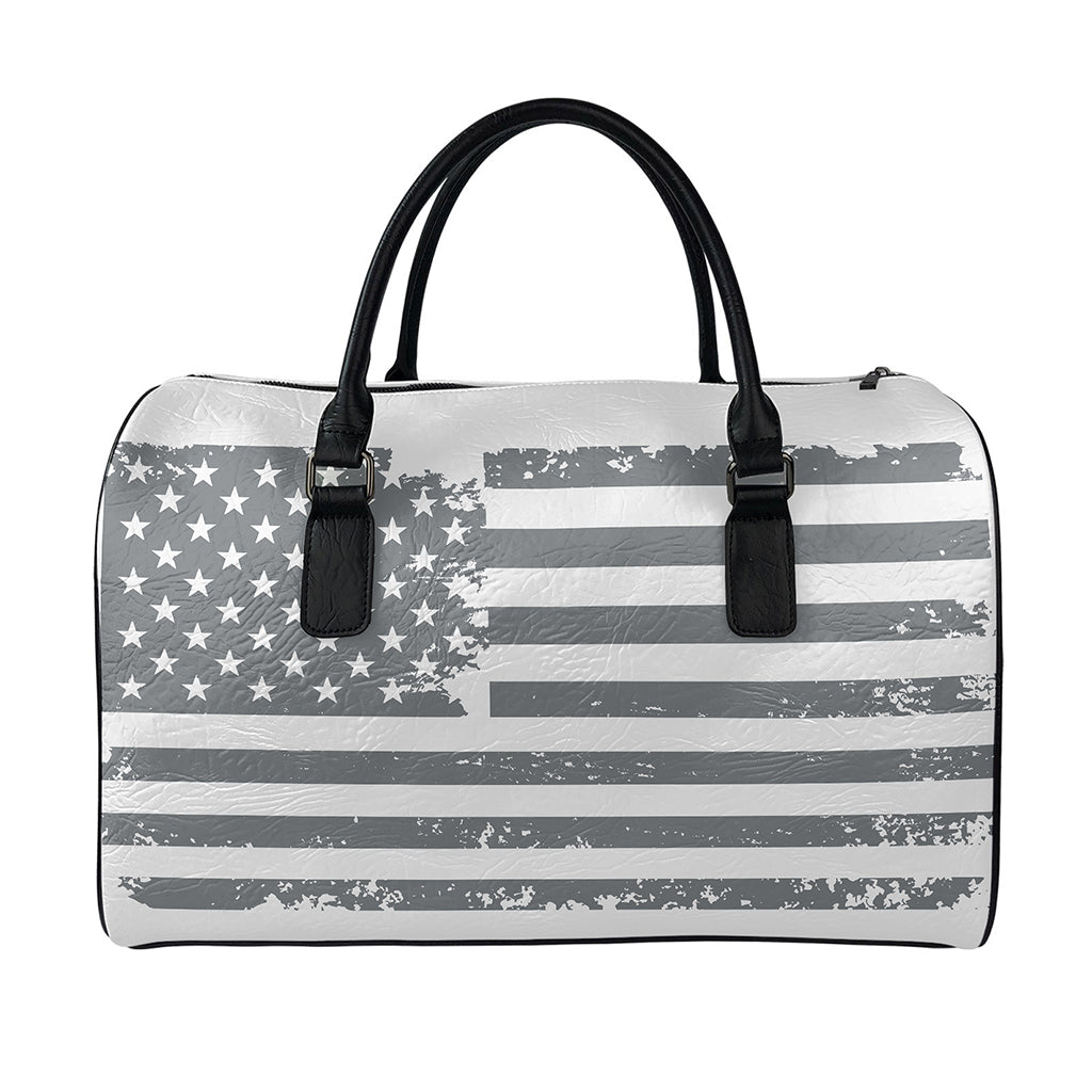 Grey Grunge American Flag Print Leather Duffle Bag