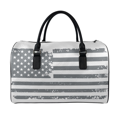 Grey Grunge American Flag Print Leather Duffle Bag