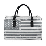 Grey Grunge American Flag Print Leather Duffle Bag