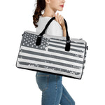 Grey Grunge American Flag Print Leather Duffle Bag