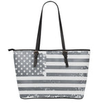 Grey Grunge American Flag Print Leather Tote Bag