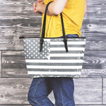Grey Grunge American Flag Print Leather Tote Bag