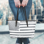 Grey Grunge American Flag Print Leather Tote Bag