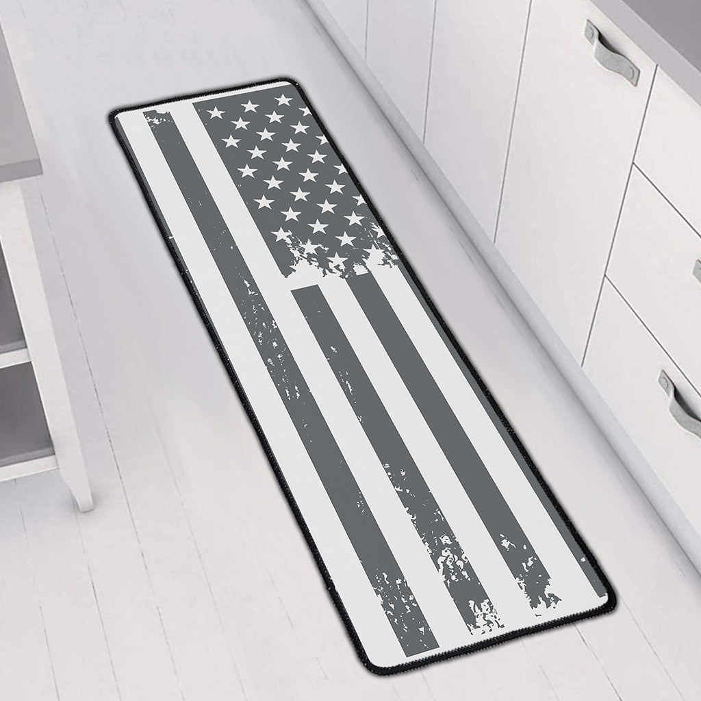Grey Grunge American Flag Print Long Kitchen Mat