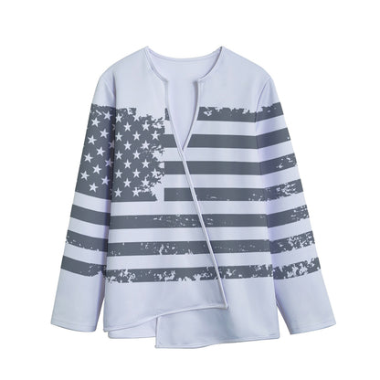 Grey Grunge American Flag Print Long Sleeve Short Coat