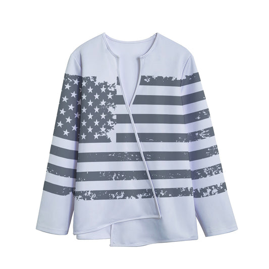 Grey Grunge American Flag Print Long Sleeve Short Coat