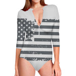 Grey Grunge American Flag Print Long Sleeve Swimsuit