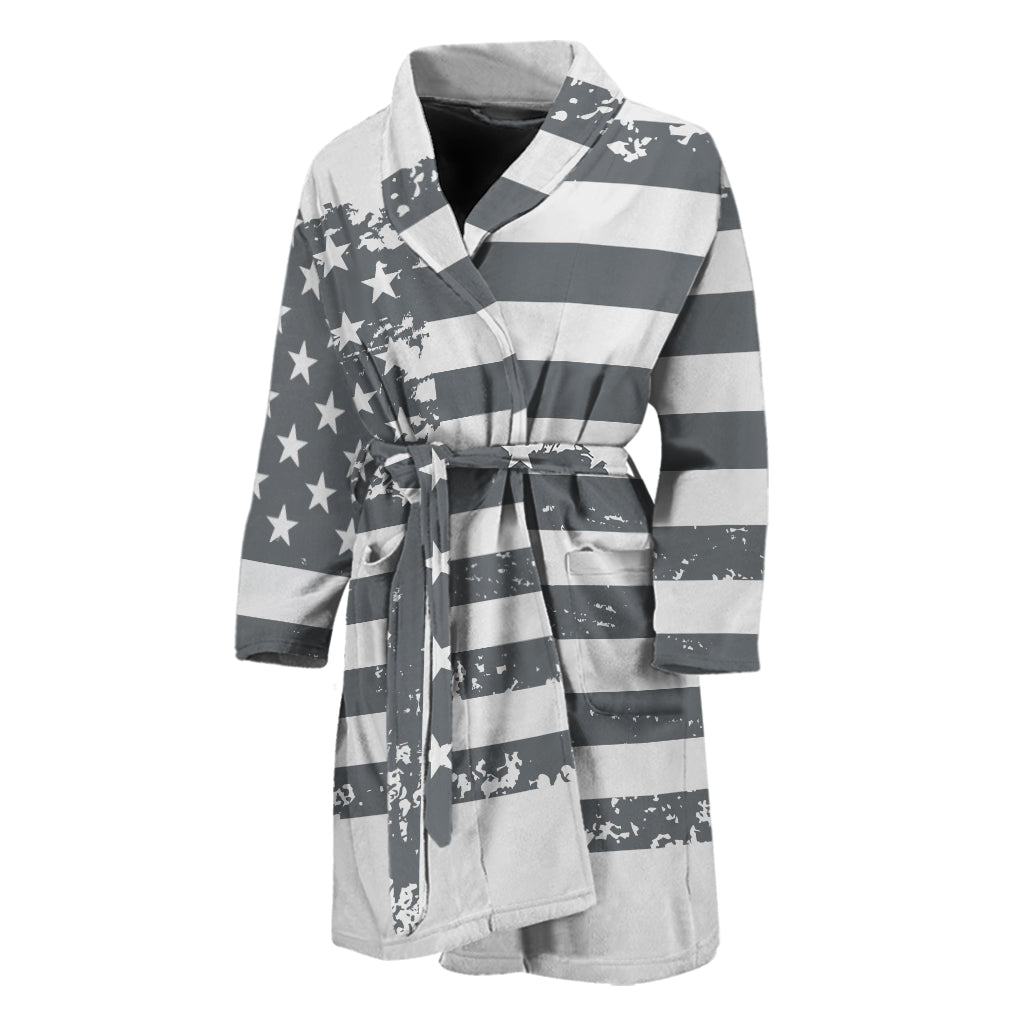 Grey Grunge American Flag Print Men's Bathrobe