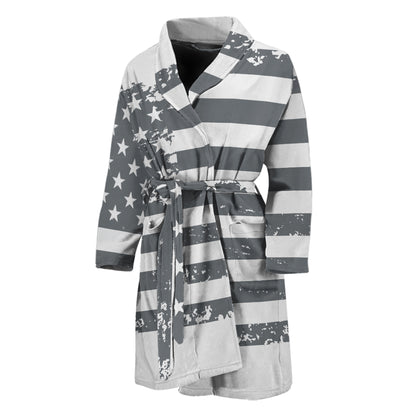 Grey Grunge American Flag Print Men's Bathrobe