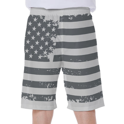 Grey Grunge American Flag Print Men's Beach Shorts
