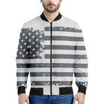 Grey Grunge American Flag Print Men's Bomber Jacket
