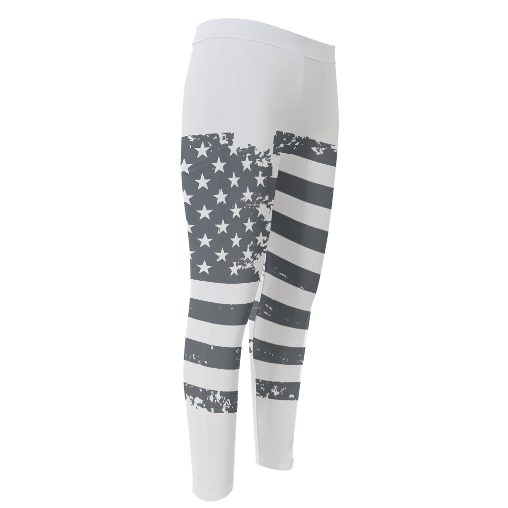 Grey Grunge American Flag Print Men's Compression Pants