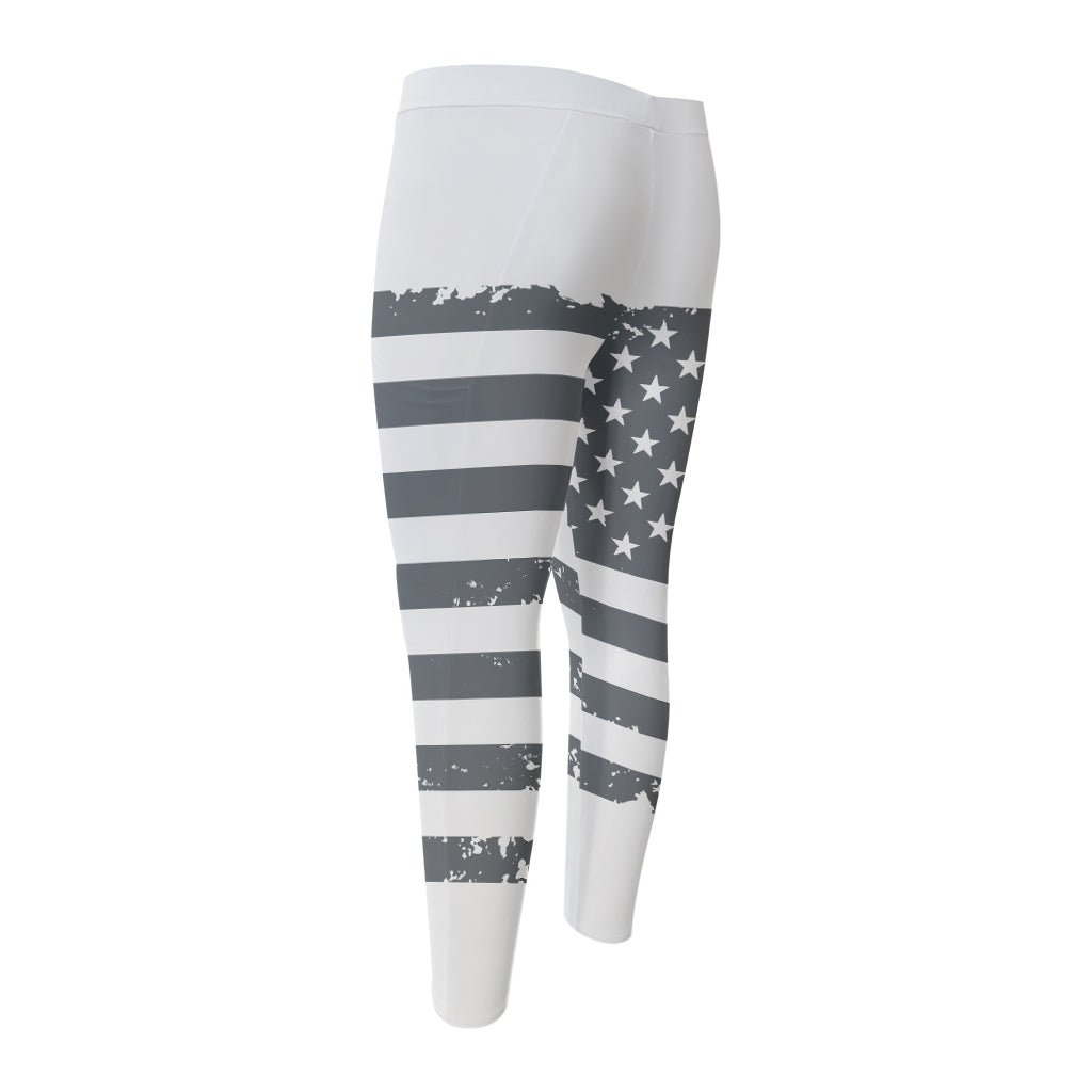 Grey Grunge American Flag Print Men's Compression Pants