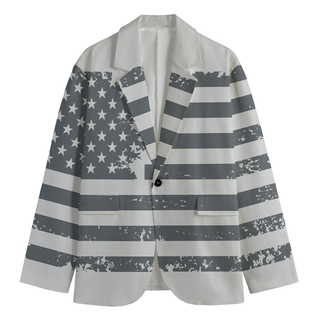 Grey Grunge American Flag Print Men's Cotton Blazer