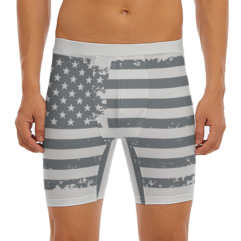 Grey Grunge American Flag Print Men's Long Boxer Briefs