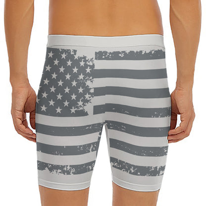Grey Grunge American Flag Print Men's Long Boxer Briefs