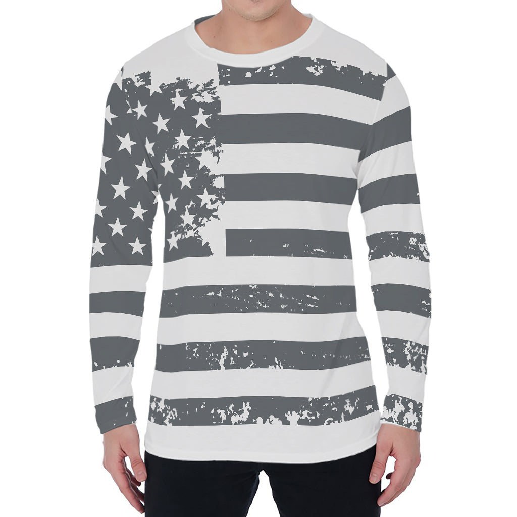 Grey Grunge American Flag Print Men's Long Sleeve T-Shirt
