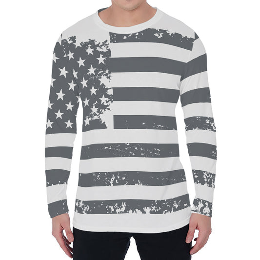 Grey Grunge American Flag Print Men's Long Sleeve T-Shirt