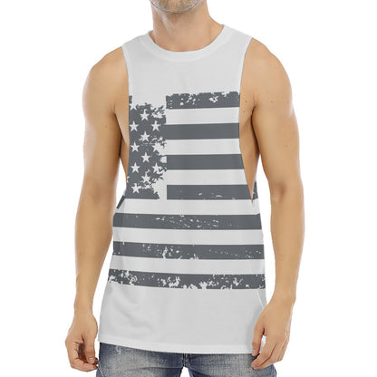 Grey Grunge American Flag Print Men's Muscle Tank Top