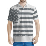 Grey Grunge American Flag Print Men's Polo Shirt