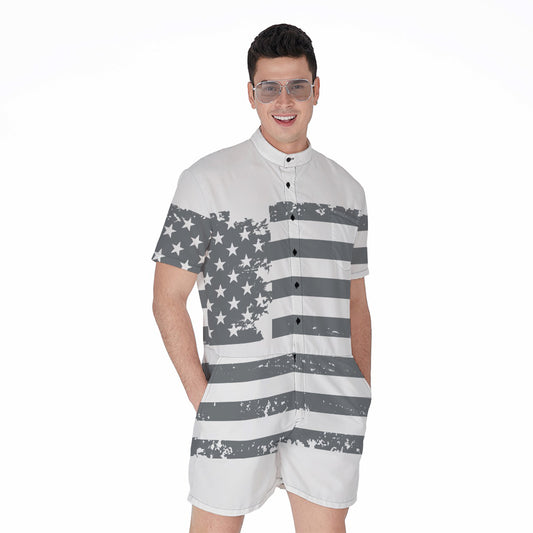 Grey Grunge American Flag Print Men's Rompers