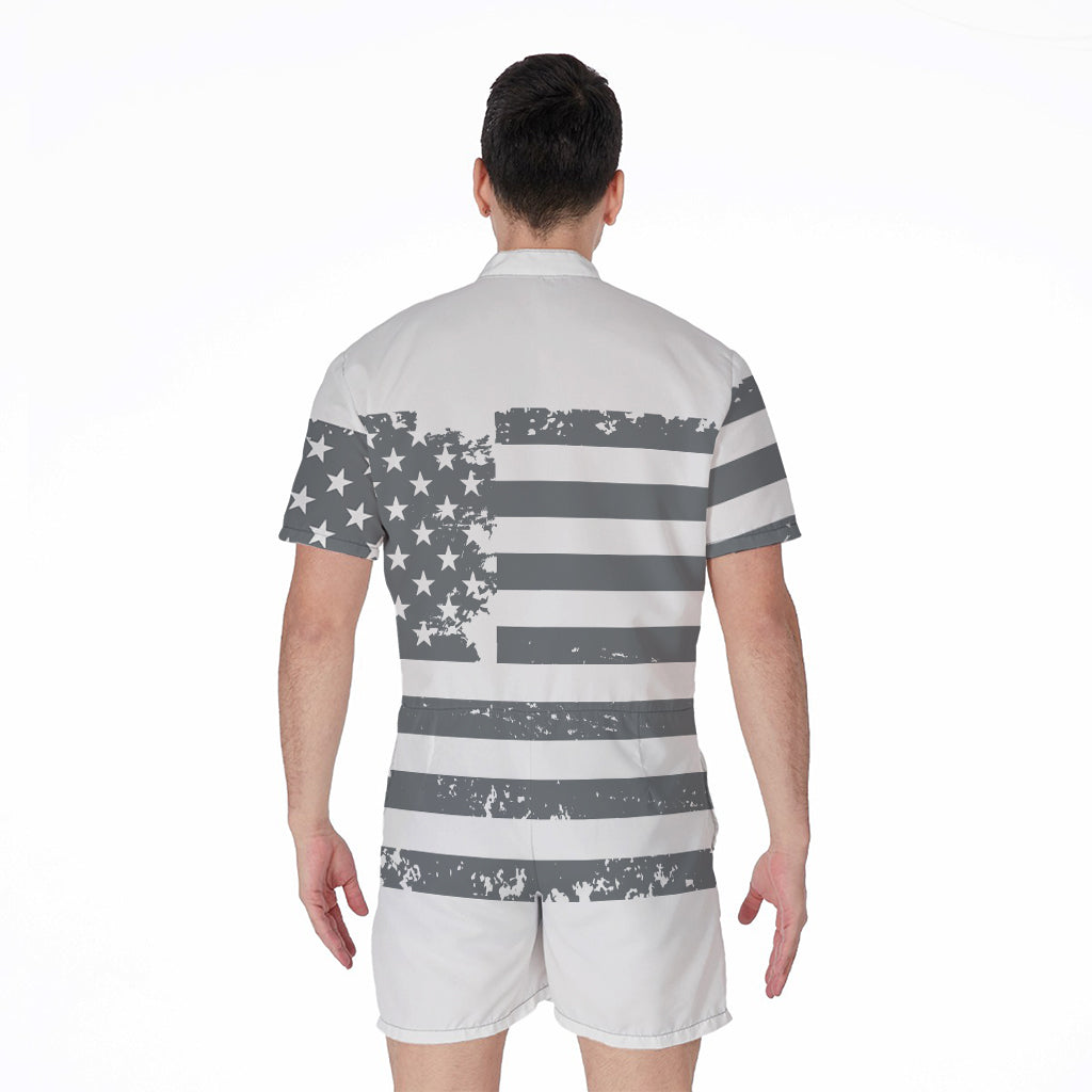 Grey Grunge American Flag Print Men's Rompers