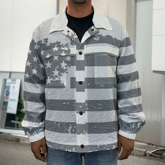 Grey Grunge American Flag Print Men's Shirt Jacket
