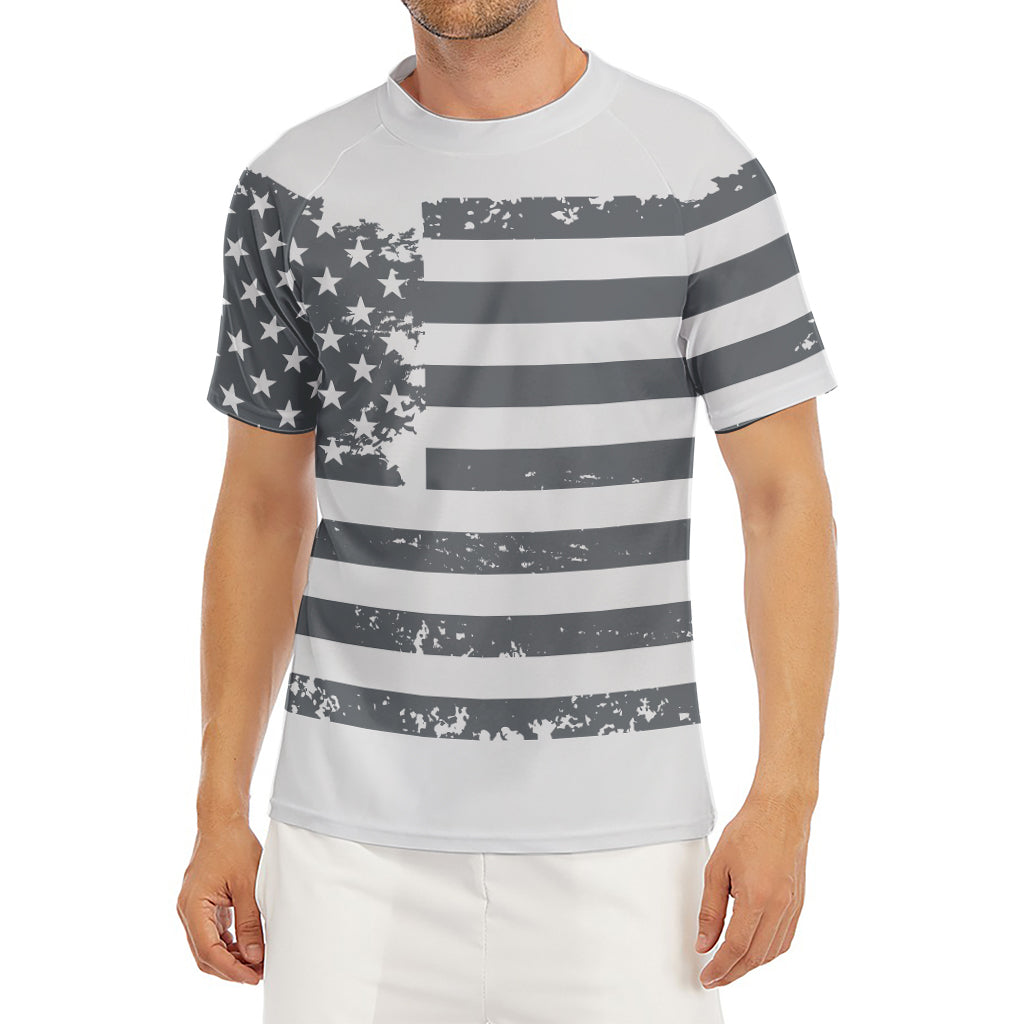 Grey Grunge American Flag Print Men's Short Sleeve Rash Guard