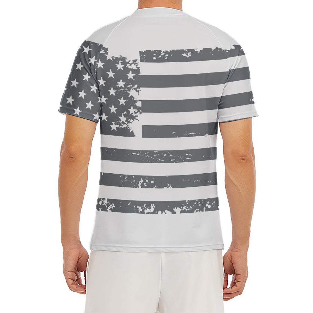 Grey Grunge American Flag Print Men's Short Sleeve Rash Guard