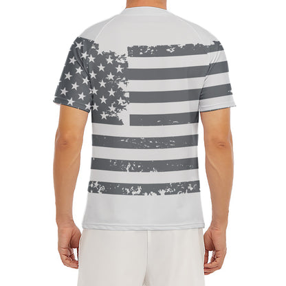 Grey Grunge American Flag Print Men's Short Sleeve Rash Guard