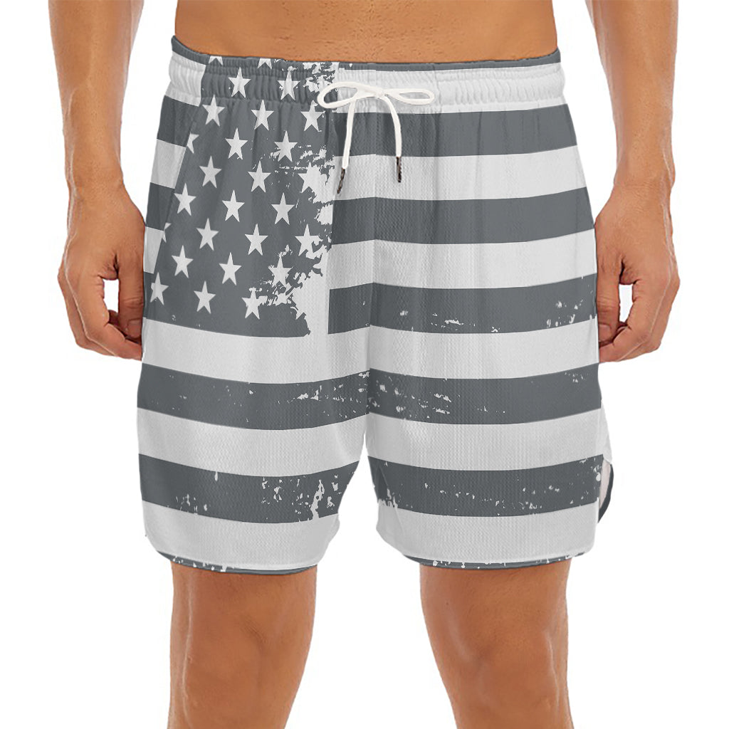 Grey Grunge American Flag Print Men's Split Running Shorts