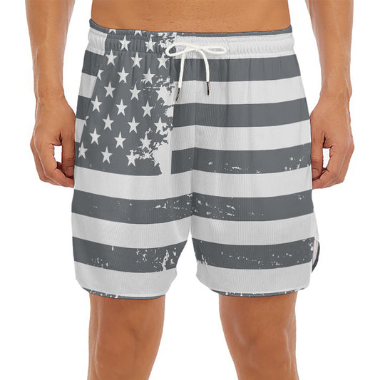 Grey Grunge American Flag Print Men's Split Running Shorts