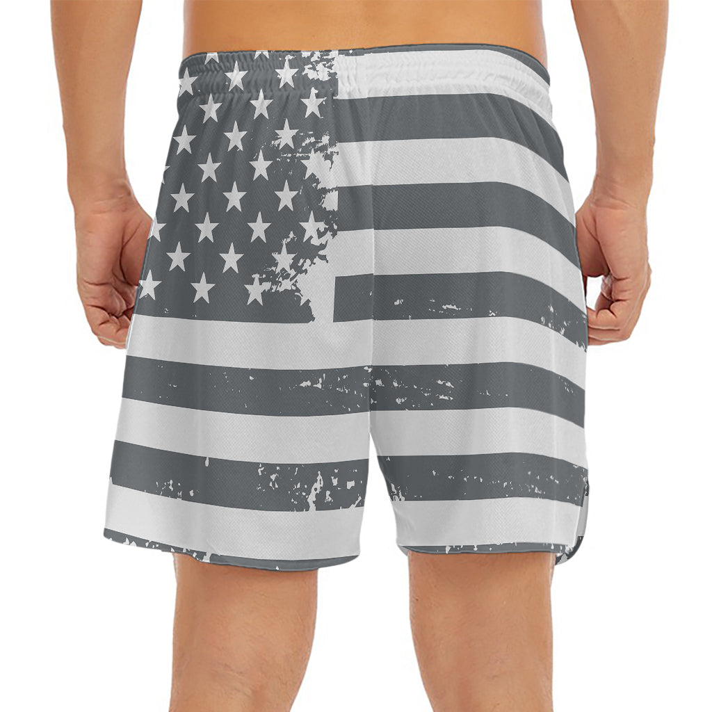 Grey Grunge American Flag Print Men's Split Running Shorts