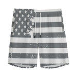 Grey Grunge American Flag Print Men's Sports Shorts