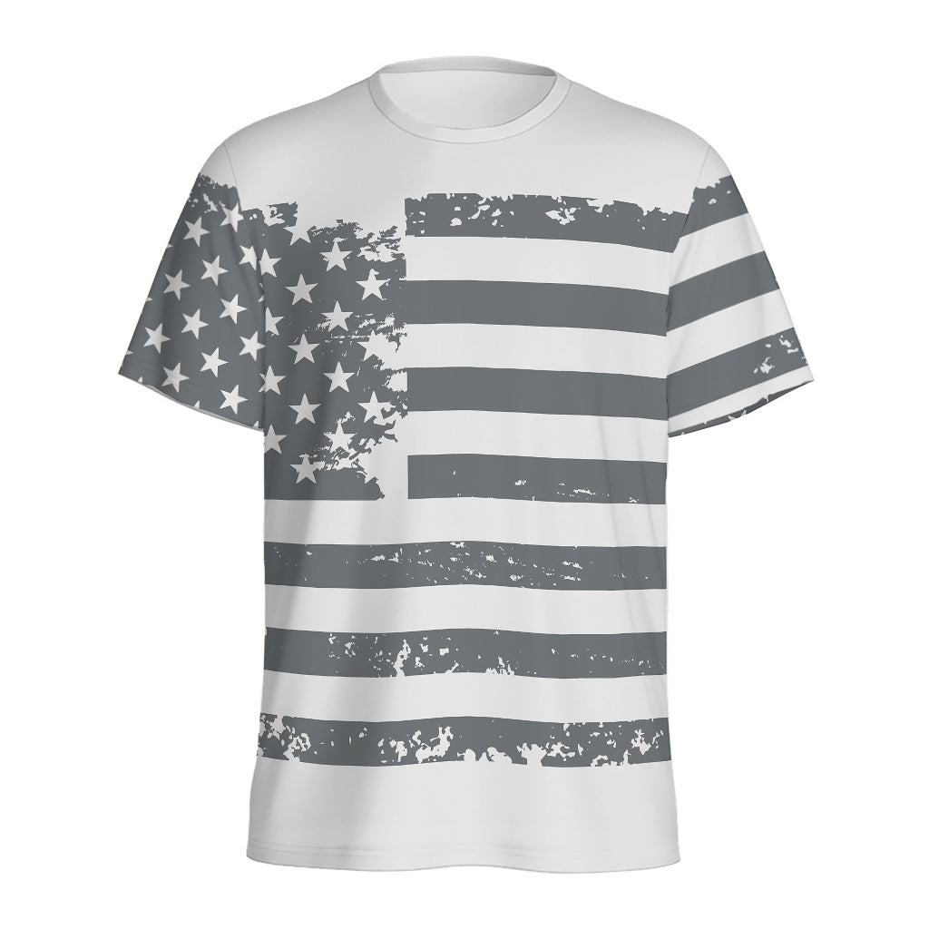 Grey Grunge American Flag Print Men's Sports T-Shirt