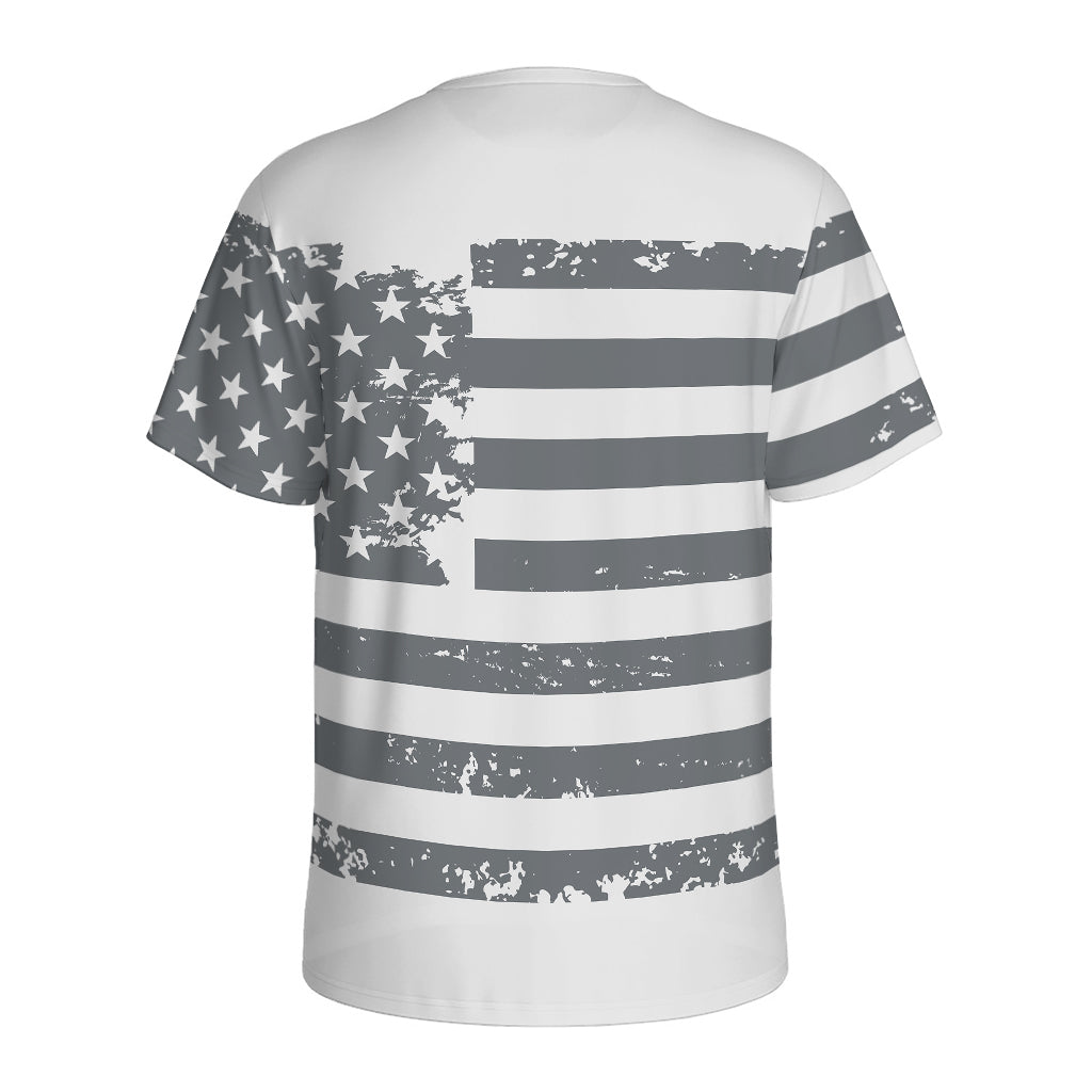 Grey Grunge American Flag Print Men's Sports T-Shirt